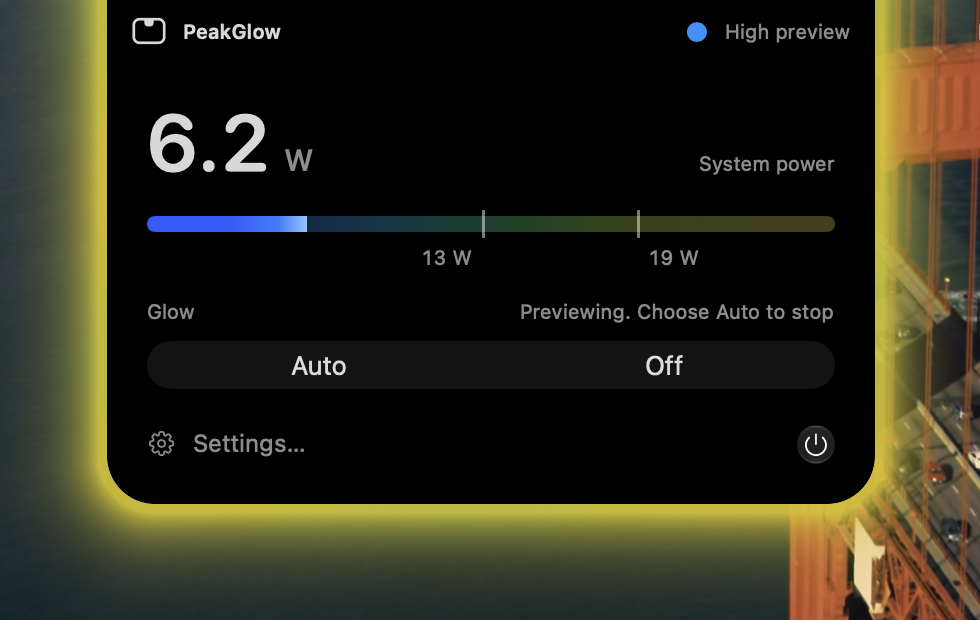 The controls island, showing the power reading, the power meter and the Glow selector